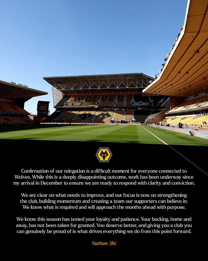 วูล์ฟส์ตกชั้นแล้ว ปธ.สโมสรยันเดินหน้าพัฒนาทีมให้กลับมาแข็งแกร่งอีกครั้ง